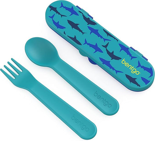 Bentgo® Kids Utensil Set - Reusable Plastic Fork, Spoon & Storage Case - BPA-Free Materials, Easy-Grip Handles, Dishwasher Safe - Ideal for School Lunch, Travel, & Outdoors (Shark)