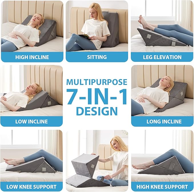 Bed Wedge Pillow for Sleeping, 9 & 12 Inch Adjustable Wedge Pillow for Back Pain Relief, 7-in-1 Memory Foam Triangle Pillow Wedge for Post Surgery, Acid Reflux, GERD, Snoring, Grey