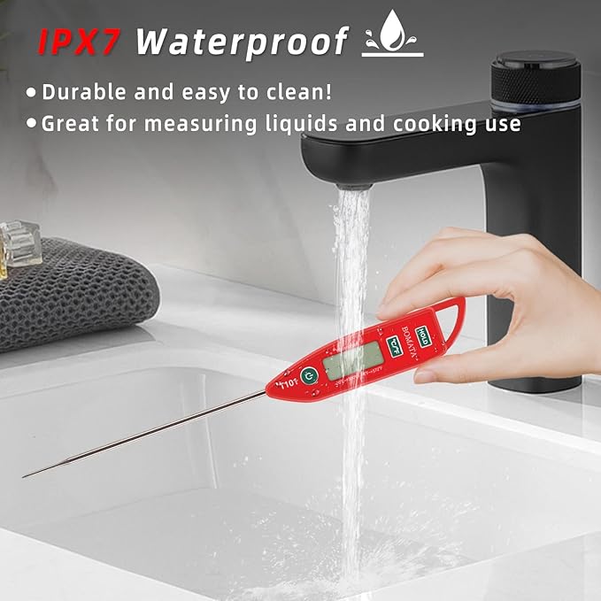 BOMATA Waterproof IPX7 Thermometer for Water, Liquid, Candle and Cooking. Instant Read Food Thermometer with Long Probe for Cooking, Meat, BBQ! T101 (Red Color)…