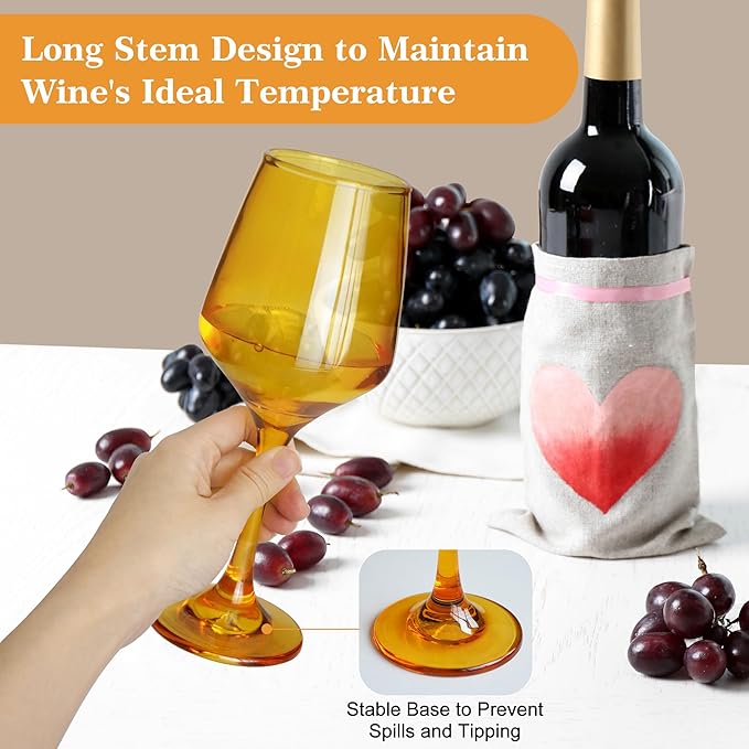 Amber Wine Glasses Set of 6-12oz Amber Long Stem Wine Glass Cups, Pretty Crystal Glassware, Hand Blown Goblets Drinkware, Unique Drinking Stemware Holiday Gift Set