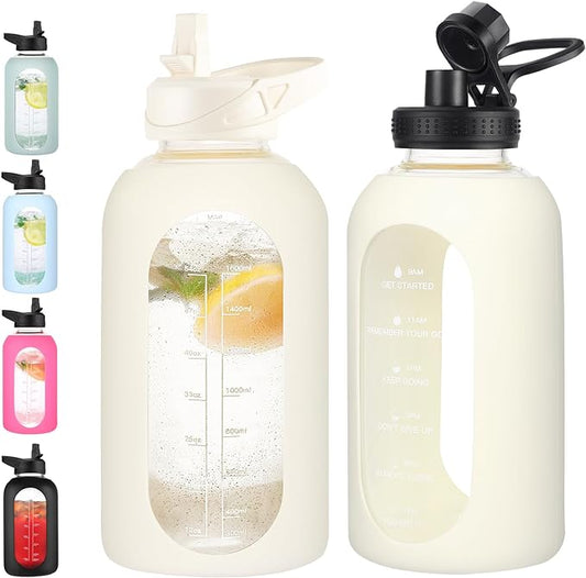 64 oz Glass Water Bottle With Straw and Handle, Half Gallon Sports Motivational Water Jug Flask with Silicone Sleeve, Large Water Cup with Time Marker for Travel, Gym, Cream