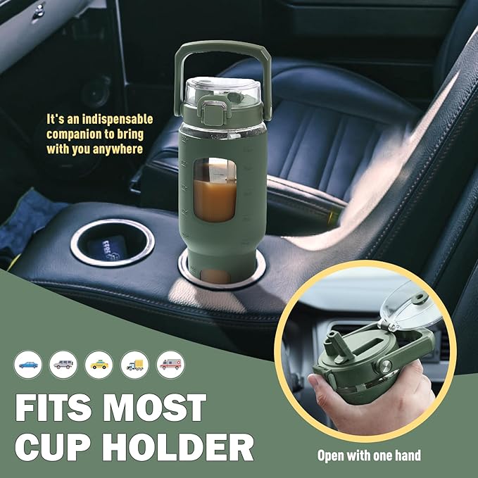 BLUEGO 32oz Glass Water Bottle with Handle and Straw|Leakproof Sports Glass Bottle with Time Marker and Silicone Sleeve|Glass Drinking Bottle for Travel, Gym, Workout, Olive