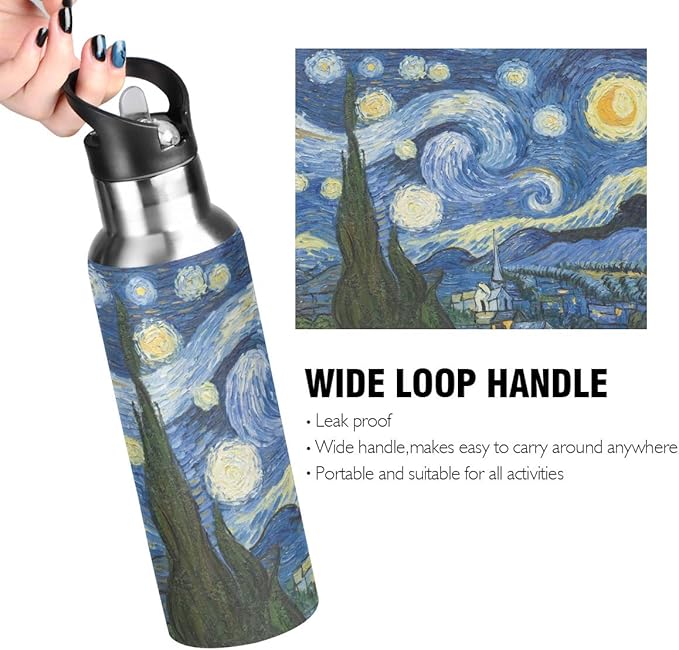 Blueangle Van Gogh The Starry Night Art Water Bottle, 22 oz, Leak-Proof, BPA Free Stainless Steel Water Bottles for Sports Gym Fitness Work