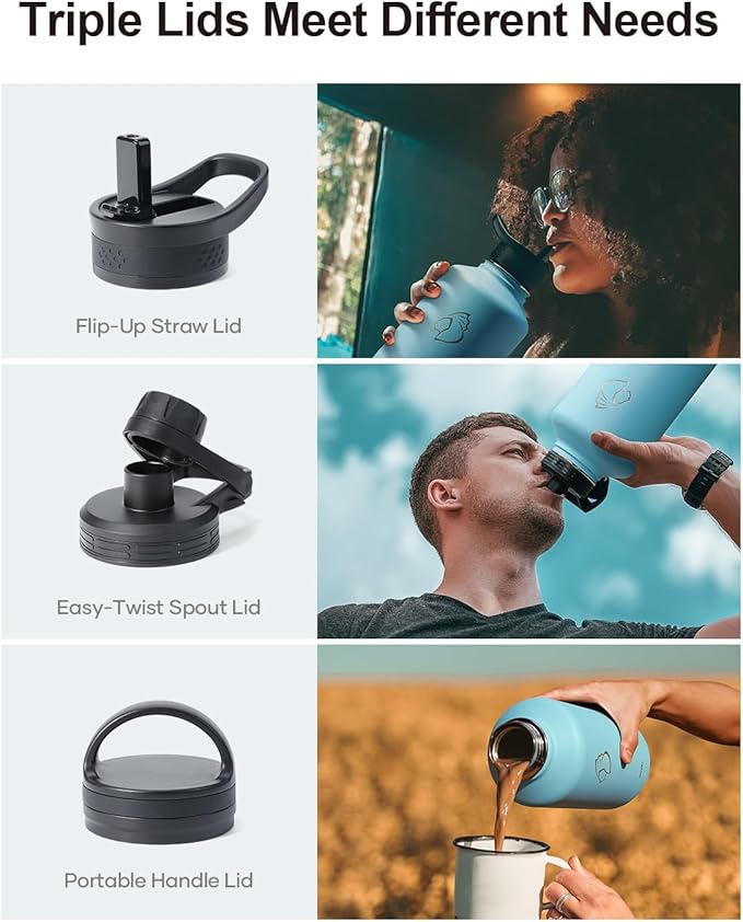 BUZIO Water Bottle with Straw lid, Spout Lid, Hand Lid and Carrying Pouch, 32oz 40oz 64oz Stainless Steel Water Flask Jug, Cold for 48 Hrs Hot for 24 Hrs Double Vacuum Thermo Canteen Mug, BPA-Free