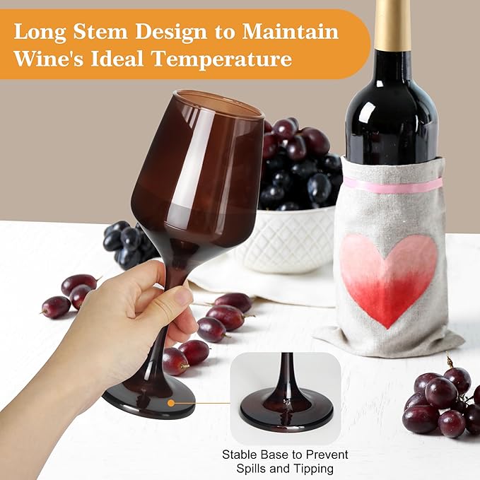 Brown Wine Glasses Set of 6-12oz Brown Long Stem Wine Glass Cups, Pretty Crystal Glassware, Hand Blown Goblets Drinkware, Unique Drinking Stemware Holiday Gift Set