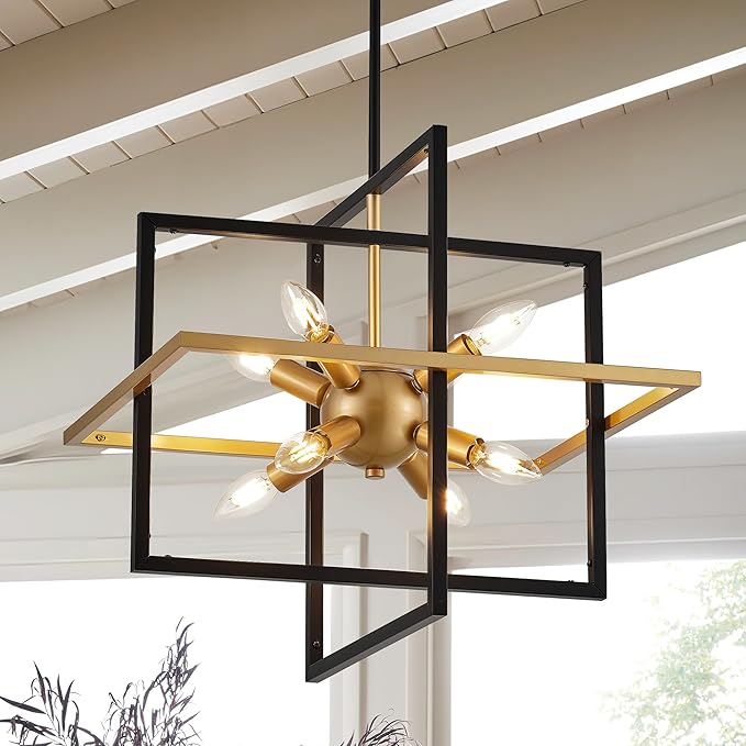 18.9'' Black Gold 8-Light Sputnik Chandelier Modern Industrial Adjustable Hanging Geometric Pendant Light Fixture for Entryway Foyer Stairway Hallway Bedroom Living Room Kitchen Island