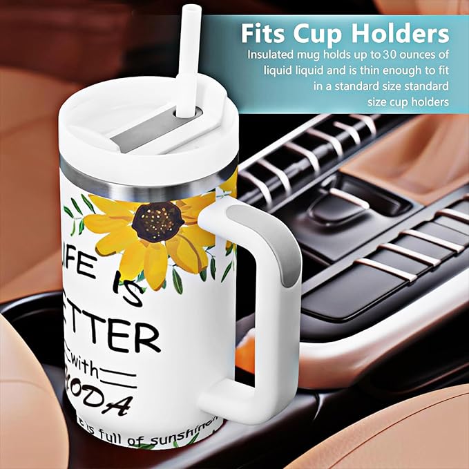 30oz Sunflowers Coffee Tumbler with Handle, Stainless Steel Double Wall Vacuun Insulated with Straw and Leak Proof Lid Travel Coffee Mug Cup, Birthday Gifts for Adult Women Men