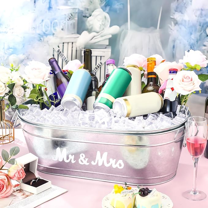 2 Pcs Wedding Mr and Mrs 5.5 Gallons Galvanized Beverage Stainless Steel Ice Buckets Tubs with Handles, Large Drink Wine Cooler Bins for Parties Farmhouse Garden Bar Christmas (Mr and Mrs)