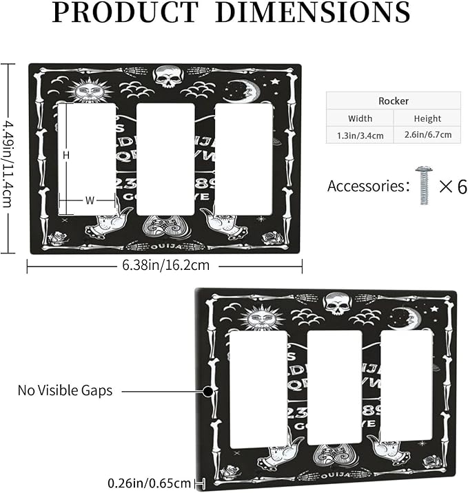 Black Witchy Skeleton Skull Gothic Sun Moon 3 Gang Rocker Novelty Light Switch Covers Decorative Unique Triple Outlet Wall Plate Cover Faceplate Decorative Switchplate GFCI for Kitchen