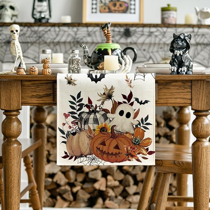 Artoid Mode Pumpkin Ghost Leaves Spider Web 210 GSM Halloween Table Runner, Spooky Kitchen Dining Table Decoration for Home Party Decor 13x120 Inch