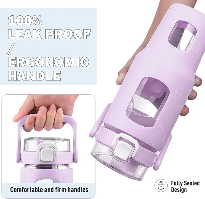 BLUEGO 32oz Glass Water Bottle with Handle and Straw|Leakproof Sports Glass Bottle with Time Marker and Silicone Sleeve|Glass Drinking Bottle for Travel, Gym, Workout, Purple