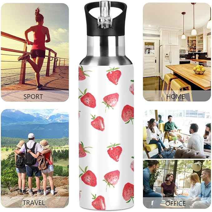 Alaza Watercolor Strawberries Fruits Water Bottle With Straw Lids Boys Girls,Vacuum Insulated Leakproof Stainless-Steel Sports Bottle Thermal Flask For Gym Yoga Camping,34Oz (1000Ml)