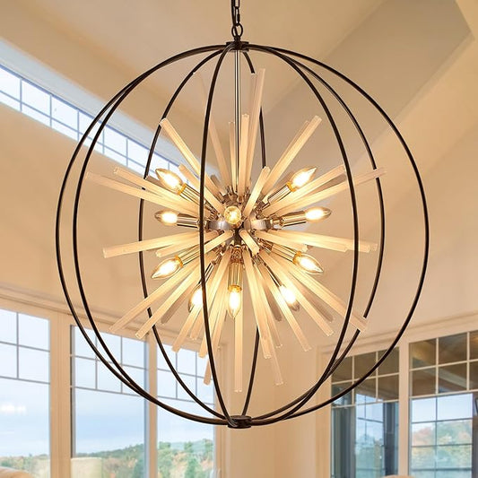 31.5" Black Gold 16-Light Globe Sputnik Chandelier Modern Industrial Adjustable Hanging Ceiling Pendant Light Fixture for Entryway Foyer Stairway Dining Living Room Hallway