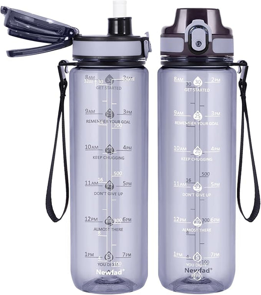 32 oz Water Bottle with Detachable Straw, Clear Motivational Water Bottles with Time to Drink, Tritan & BPA Free Sports Water Jug with Time Marker, Upgraded handle design