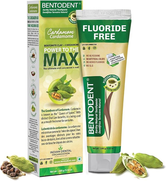 BENTODENT Fluoride Free Remineralizing Calcium Bentonite Clay Toothpaste - Cardamom Flavor Natural Toothpaste, Mint-Free, 3.52 oz - Mineral Tooth Paste Ideal for Sensitive Teeth & Whitening