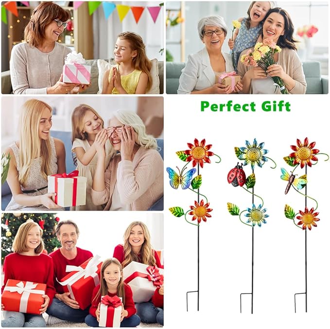3 Pcs Sunflower＆Butterly＆Ladybug＆Dragonfly Decorative Garden Stakes,23.5 in Metal Sunflower Yard Art for Outside Decor,Spring Outdoor Decor for Mom,Women,Grandma