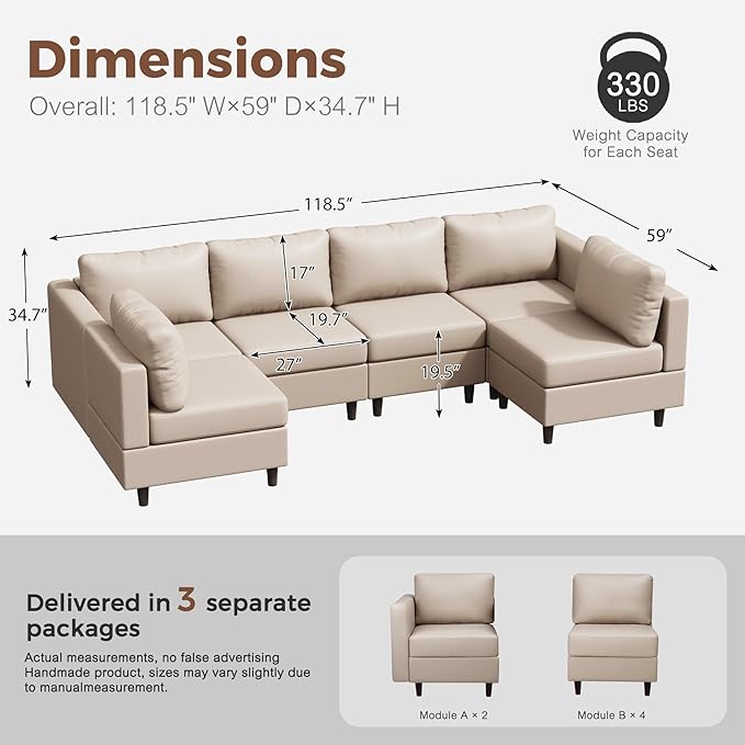 118.5" Faux Leather Modular Sectional Sofa with Storage Seat, Modern 6 Seater Couch Deep Seat with Removable Cover DIY Combination Whitesand