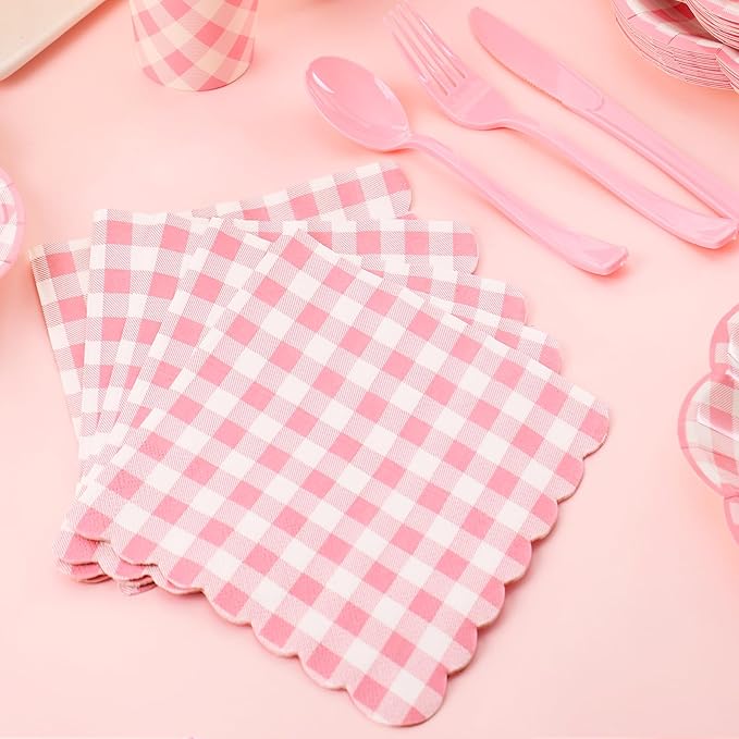 175 Pcs Pink Gingham Plates and Napkins Party Supplies - Pink and White Checkered Plates Sets Serve 25 Guests - Scalloped Gingham Paper Plate for Birthday Wedding Picnic Party Decorations