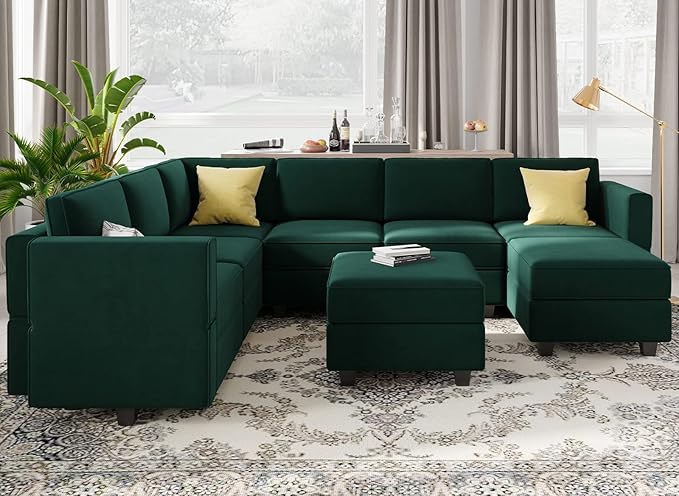 Belffin Modular Sectional Sofa with Storage Seat Oversized U Shaped Couch with Reversible Chaise Velvet Sofa Set with Ottoman Green