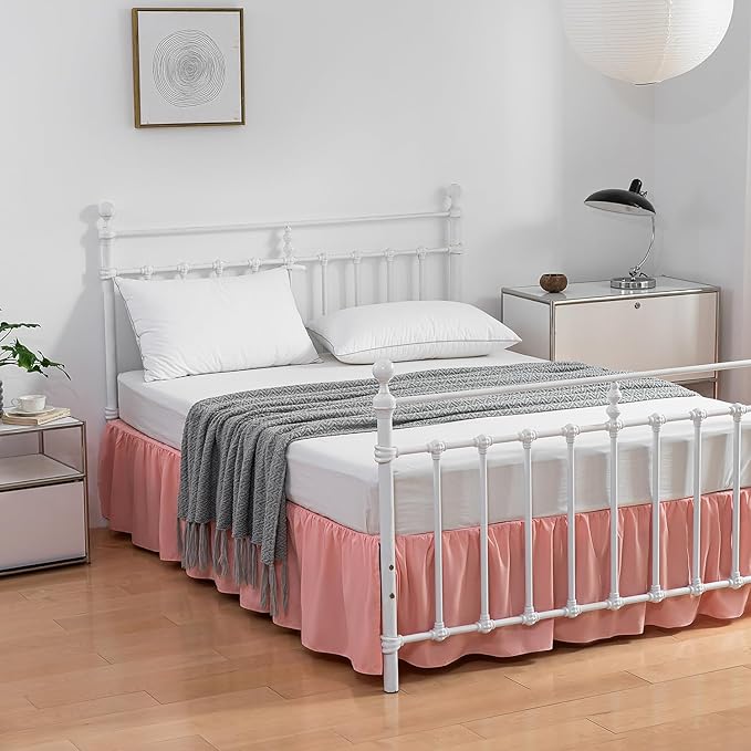 Bed Skirt Full Size Ruffled Bed Skirts with Split Corners, 14 Inch Drop Dust Ruffle Bed Skirt with Platform, 14 Inch, Blush