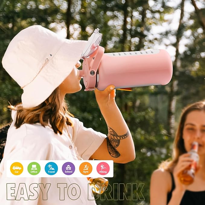 BLUEGO 64oz Insulated Water Bottle with Straw and Handle Leakproof Half Gallon Wide Mouth Motivational Water Bottle, 2-IN-1 Straw Spout Lid Stainless Steel Water Jug for Sport Travel Gym-Pink