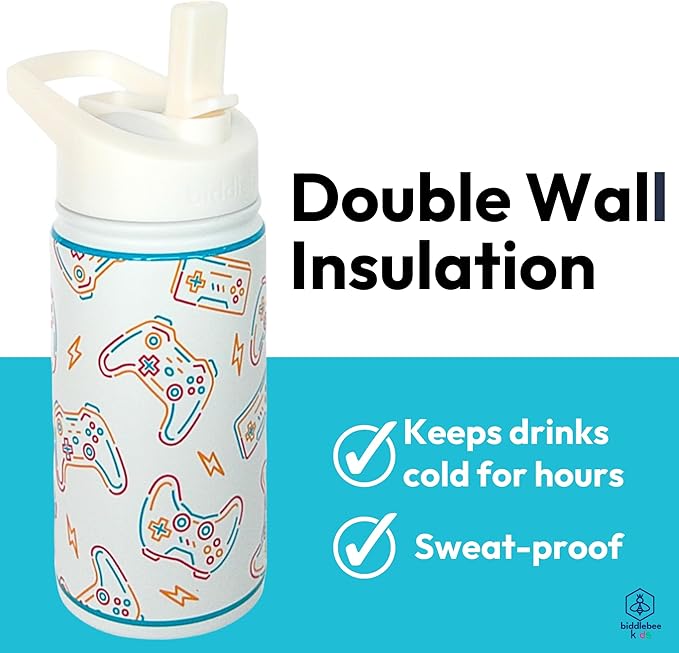 Biddlebee Kids Water Bottle with Straw Lid | 14oz Insulated Stainless Steel Reusable Bottles for School | Leak Proof Cap with Handle & Touch Free Spout | Great for Boys & Girls (Cool Gamer)