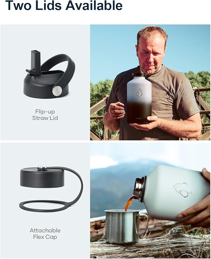 BUZIO 1 Gallon Water Bottle, 128oz Insulated Water Jug Double Walled Vacuum Stainless Steel Travel Flask (Cold for 48 Hrs), Leak Proof BPA-Free Large Canteen with Straw Lid, Black White