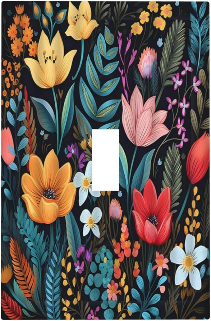 Boho Floral Vintage Flower Leaves Rustic Wildflower Plants 1 Gang Light Switch Covers Single Toggle Wall Plate Decorative Switchcover Electrical Switchplate for Country Bathroom Bedroom Decor