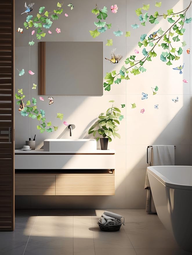 Butterfly, Bird, Decal, Green Leaf Wall Sticker, Ivy Vine Plant Wall Sticker, Living Room, Bedroom, Sofa, TV Background Wall Decoration