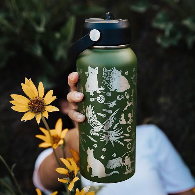 Animal Rescue Water Bottle with Straw Lid | 32 oz Engraved Stainless Steel Insulated with Strap | Best Friends, Pets, and Animals Themed