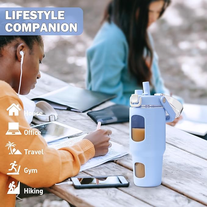 BLUEGO 32oz Glass Water Bottle with Handle and Straw|Leakproof Sports Glass Bottle with Time Marker and Silicone Sleeve|Glass Drinking Bottle for Travel, Gym, Workout, Blue