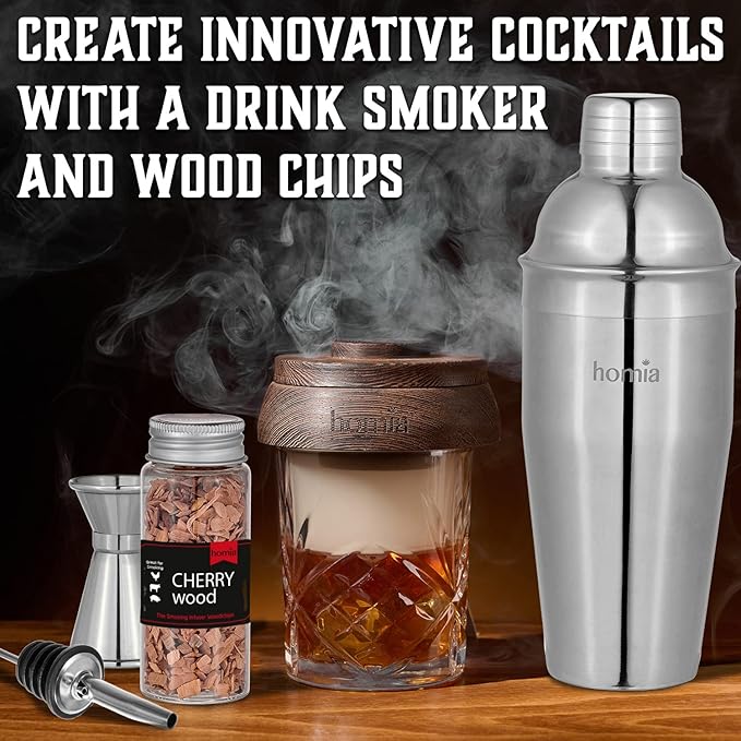 Bartender Kit with Whiskey Smoker - 13 pcs, Pine Stand - Bar Set with Cocktail Shaker, Bartending Kit with Essential Bar Accessory Tools, Wood Chips, Steel