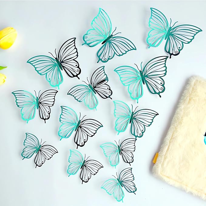 3D Butterfly Wall Decor 48 Pcs 4 Styles 3 Sizes, Butterfly Birthday Decorations Butterfly Party Decorations Cake Decorations, Removable Stickers(Green)