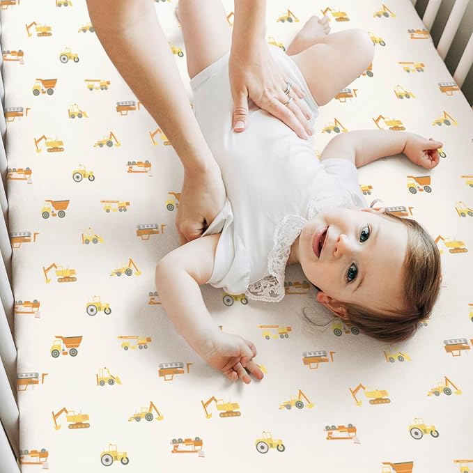 2-Pack Crib Sheets for Boys,Girls - Viscose Derived from Bamboo Fitted Crib Sheet, Organic Baby Crib Sheets, Crib Mattress Sheet,Toddler Bed Sheets, Baby Sheets for Crib Fitted Sheets (Construction)