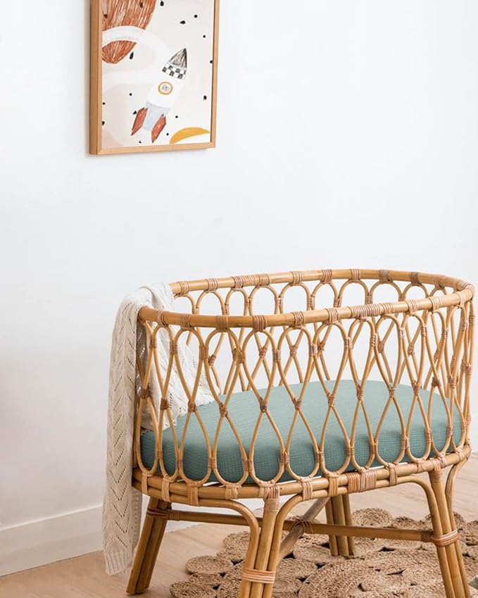 Blissful Diary Muslin Bassinet Sheets for Baby Girls Boys, Boho Soft Cotton Fitted for Oval Hourglass Rectangle Mattress, 2 Pack(Roman Green&Leaf)