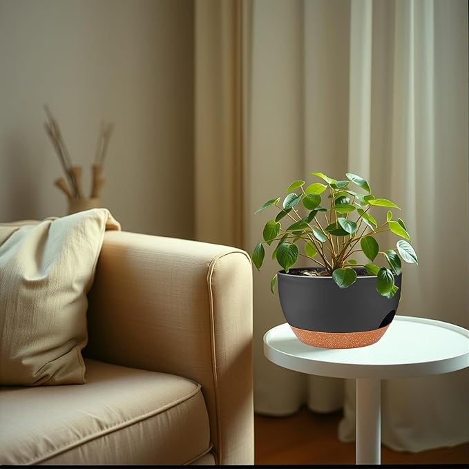 2 Pack Hanging Planters for Indoor Outdoor Plants, 12 Inch Self Watering Hanging Pot with Drainage Holes and Saucer, Plastic Plant Pots, Black Brown Flower Pots for Kitchen, Balcony, Garden