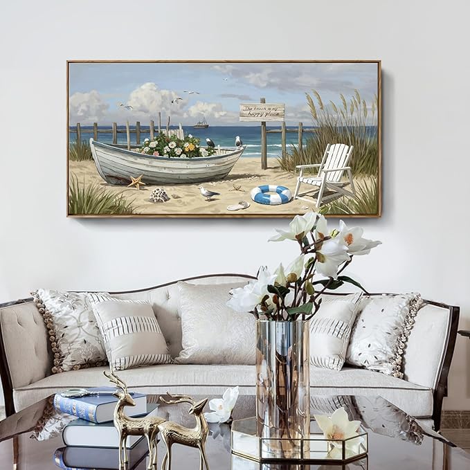 amatop Large Framed Wall Art for Living Room Nautical Beach Canvas Print Blue Flower Boat on Sandy Shore Ocean Seaside Landscape Coastal Artwork with Sea Birds Rustic Bedroom Office Home Decor 48×24 Inch