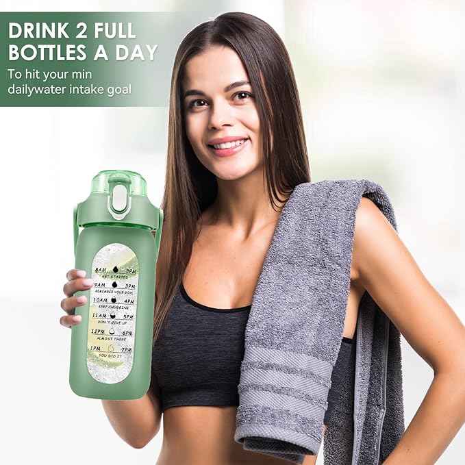 32 oz Glass Water Bottle with Time Marker - 1000ml Large Sports Motivational Water Bottles with Handle & Silicone Case, 1 Liter Leak-proof Measured Drinking Bottle for Gym Fitness Workout (Green)
