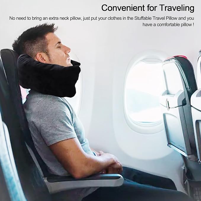 2pcs Stuffable Travel Pillow, Black Gray Neck Pillow with Adjustable Straps, Storage Bag Fits 3 Days Travel Essentials, Large Capacity Neck Pillow for Airplanes Traveling