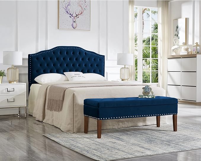 24KF Upholstered Button Tufted Queen Headboard with Nailhead Trim, Soft Velvet Fabric Headboard Queen/Full WM-6031-Q-NAVY