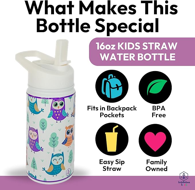 Biddlebee Kids Water Bottle with Straw Lid | 14oz Insulated Stainless Steel Reusable Bottles for School | Leak Proof Cap with Handle & Touch Free Spout | Great for Boys & Girls (Owls)