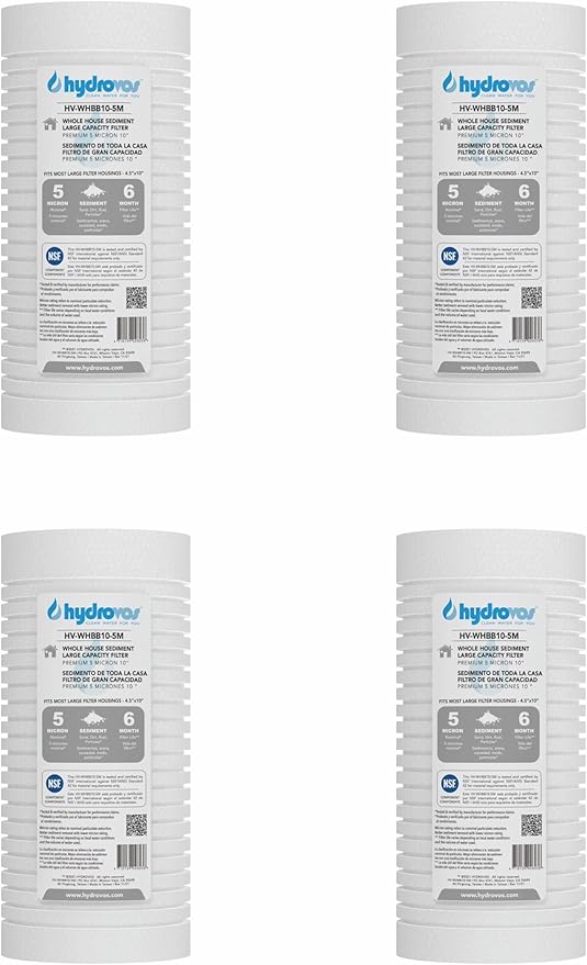4.5 x 10 Inch Large Capacity Whole House Water Filter, NSF 42 Certified 5 Micron Sediment Filtration, Pack of 4