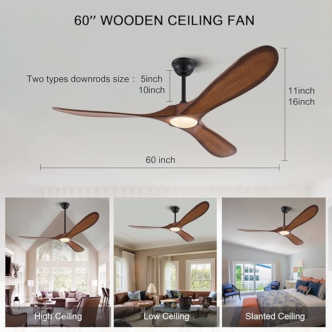 BOJUE Ceiling Fans with Lights 60 Inch Indoor Outdoor Ceiling Fan with Remote Control & 3 Wood Blade,Wood Ceiling Fan for Patio Living Room Bedroom (Light Brown Blades)