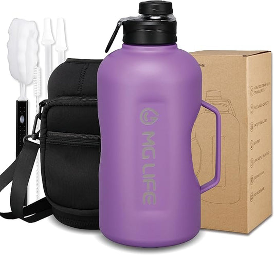 64oz Insulated Water Bottle With Handle, Stainless Steel Thermos With Straw, Water Bottle Holder With Strap, Half Gallon Water Jug, For Water, Iced Tea Or Coffee, On Gym, Black (Purple)