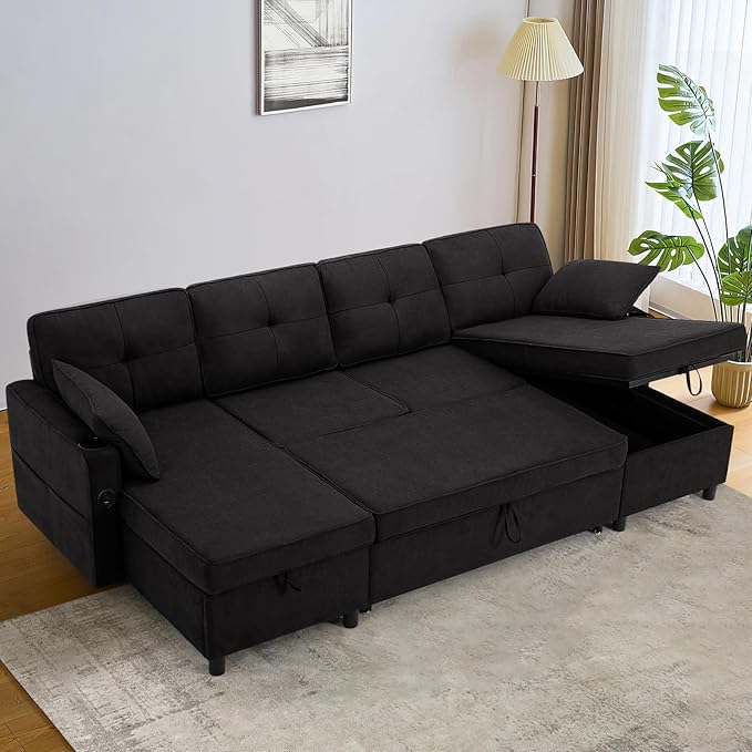110 Inches Chenille Sectional Sofa w/Pull Out Sofa Bed & Adjustable Back, Tufted U Shaped Couch w/Two Storage Chaises, Sleeper Sectional Sofa w/USB Port & Cup Holders for Living Room, Black