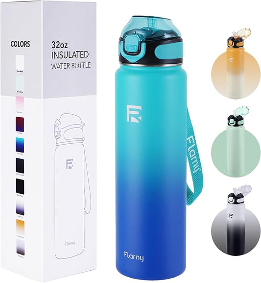 32 oz Insulated Water Bottle with Straw, Stainless Steel Metal Thermos Bottles, Durable Non-Slip Gradient Bottle with Strap for Sports and Travel, Leak Proof (Green Blue)