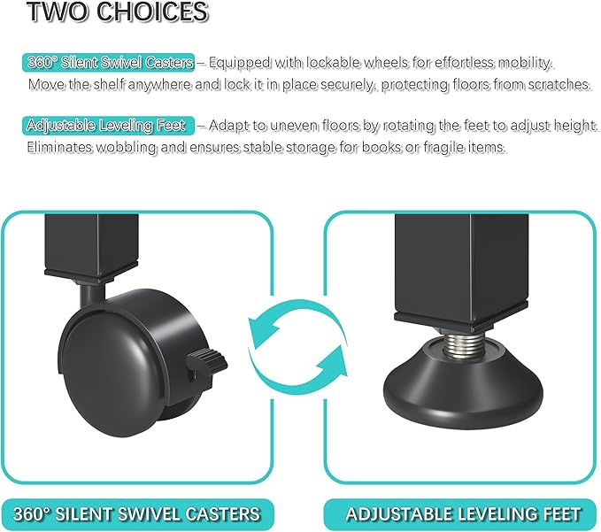 4NM 2 Tiers No-Assembly Folding Bookshelf with Wheels, Portable Rolling Storage Bookcase & Compact Side Table for Living Room, Bedroom, Kitchen, Bathroom (Rustic Brown and Black)