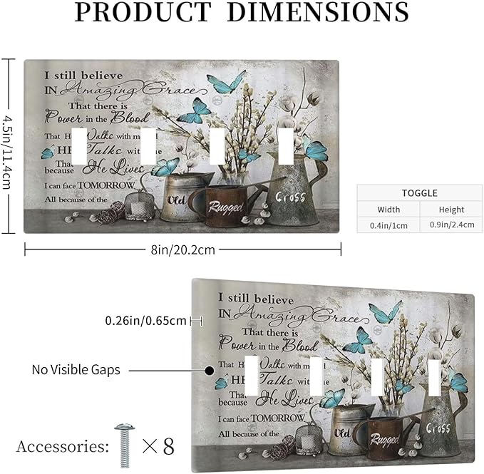 Blue Butterfly Rustic Flower Inspirational Quotes Quad Toggle Light Switch Covers 4 Gang Wall Plate Decorative Switchplate Electrical Faceplate for Farmhouse Country Bedroom Kitchen Decor