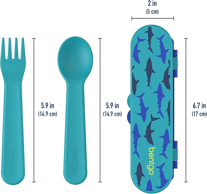 Bentgo® Kids Utensil Set - Reusable Plastic Fork, Spoon & Storage Case - BPA-Free Materials, Easy-Grip Handles, Dishwasher Safe - Ideal for School Lunch, Travel, & Outdoors (Shark)