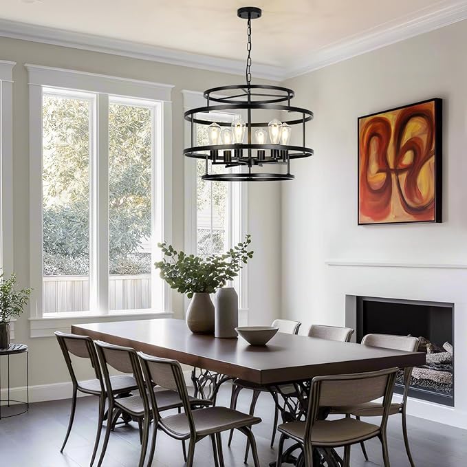 24" Black Chandelier, 6-Light Farmhouse Pendant Light Fixture with Geometric Metal Frame, Modern Industrial Ceiling Hanging Light for Dining Room, Living Room, Bedroom, Kitchen Island, Hallway, Foyer